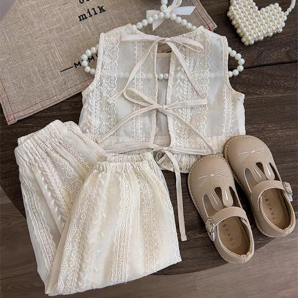 T-shirt + Pants 2pcs Suit Strap Cardigan Vest Girls Clothes Outfits