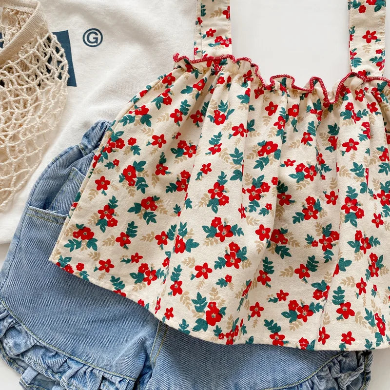Kids Girls Cotton Floral Sling Top with Ruffles + Denim Shorts Set