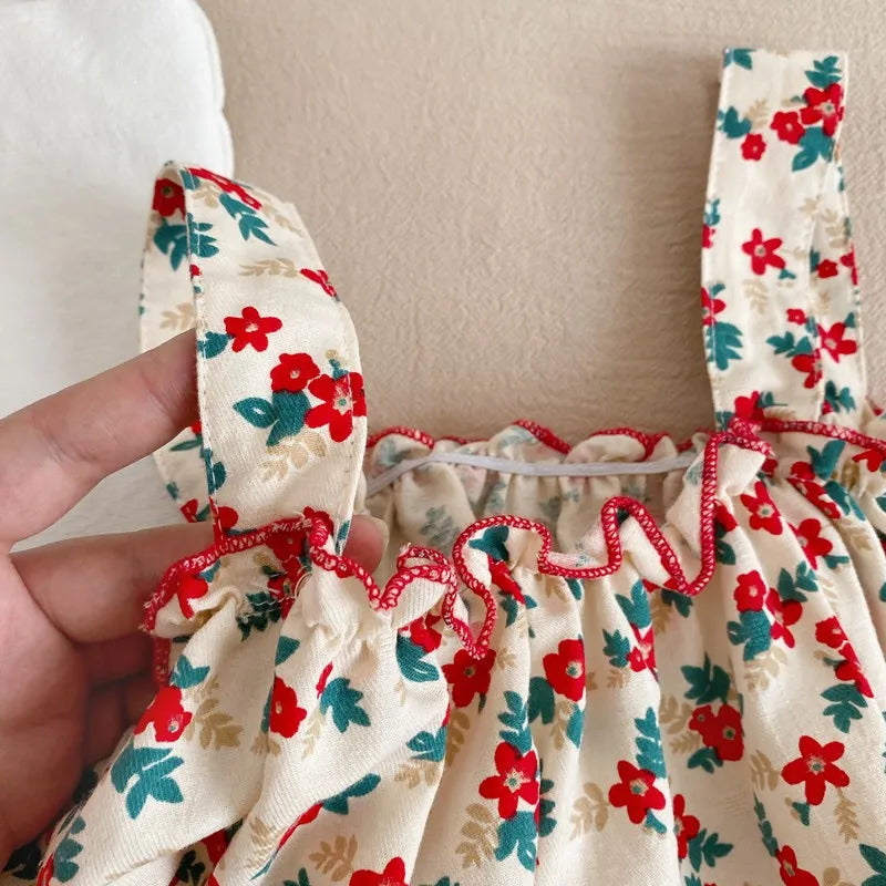 Kids Girls Cotton Floral Sling Top with Ruffles + Denim Shorts Set