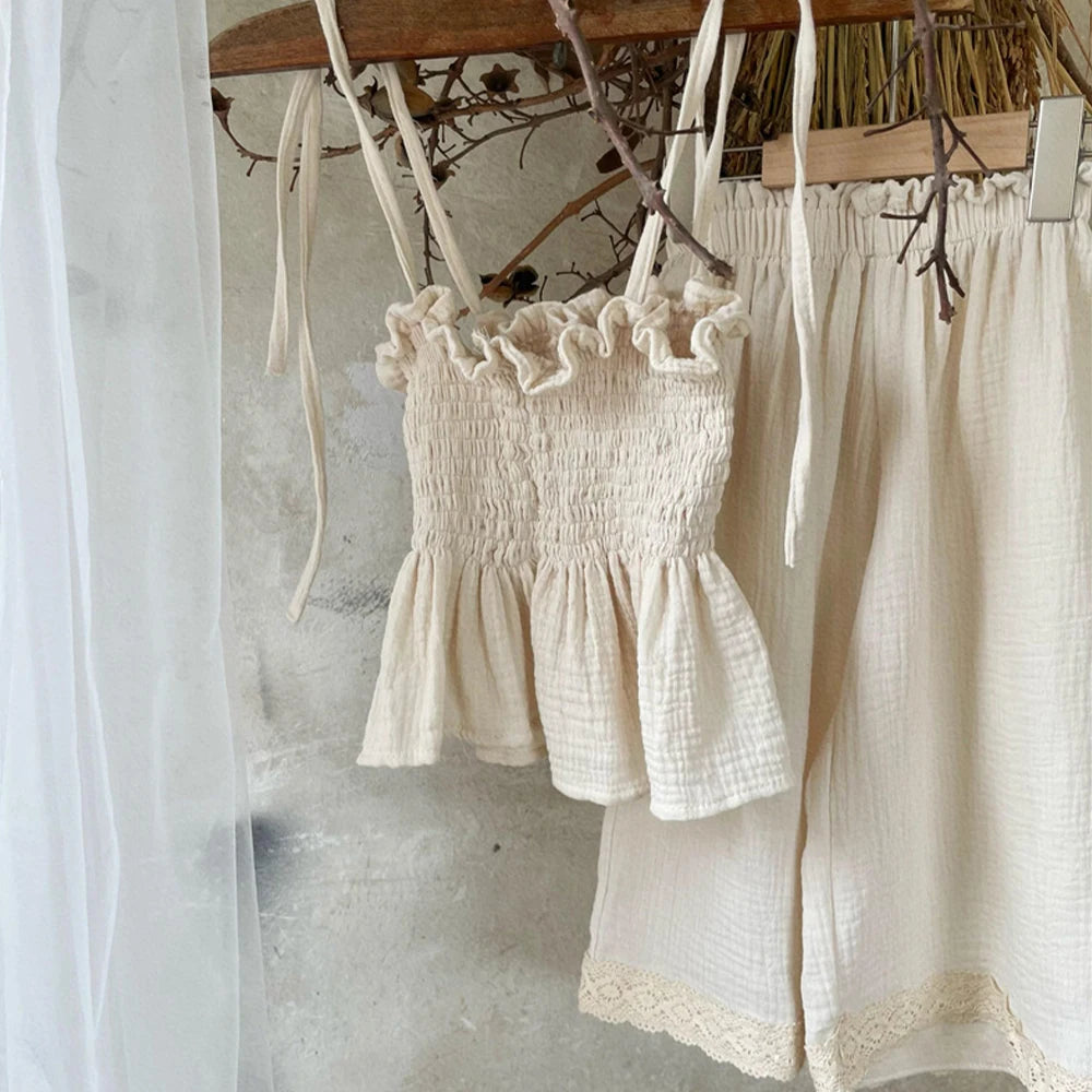 T-shirt + Pants 2pcs Suit Strap Cardigan Vest Girls Clothes Outfits
