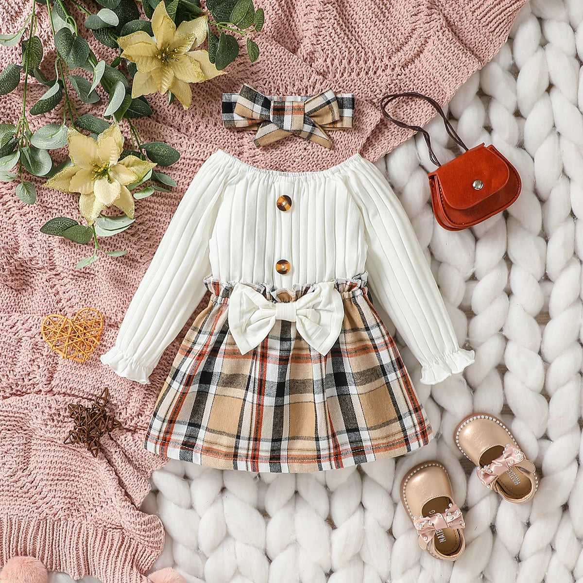 Baby Girls Long Sleeve With Bow Plaid Fahion