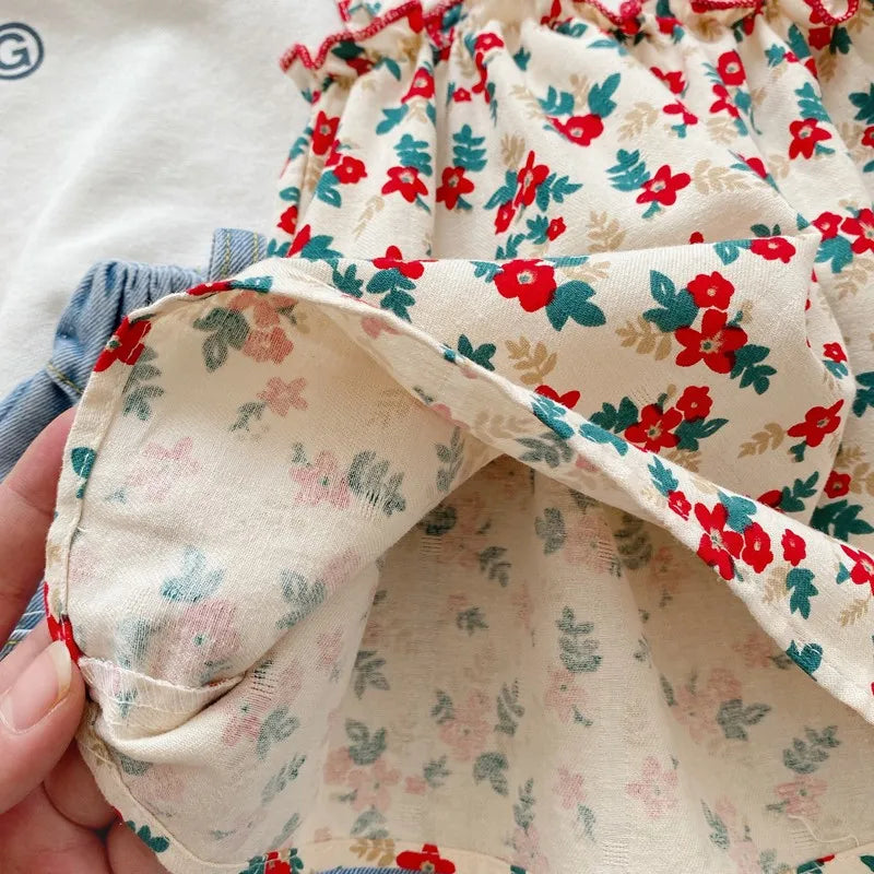 Kids Girls Cotton Floral Sling Top with Ruffles + Denim Shorts Set