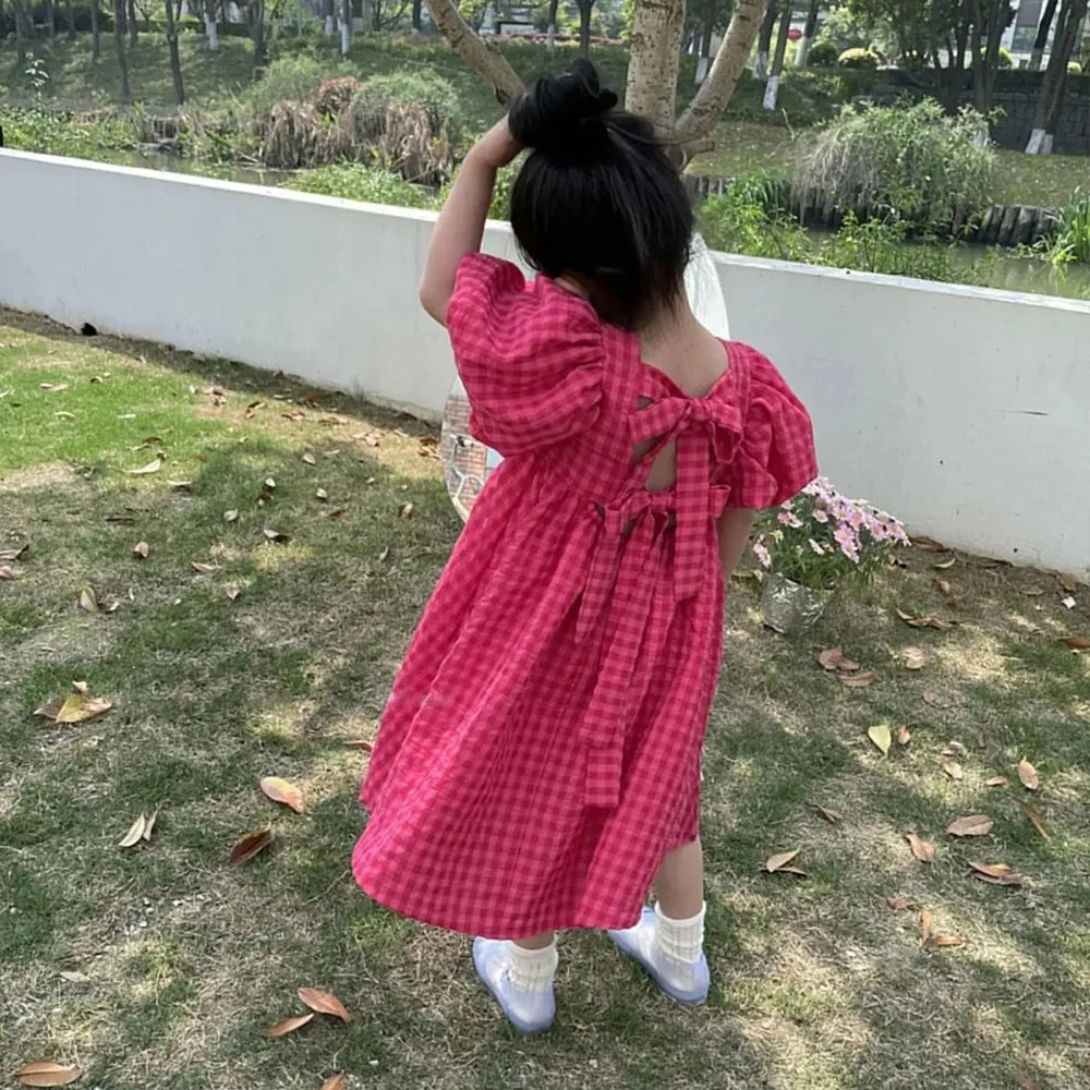 Pink Plaid Bow Dress Elegant