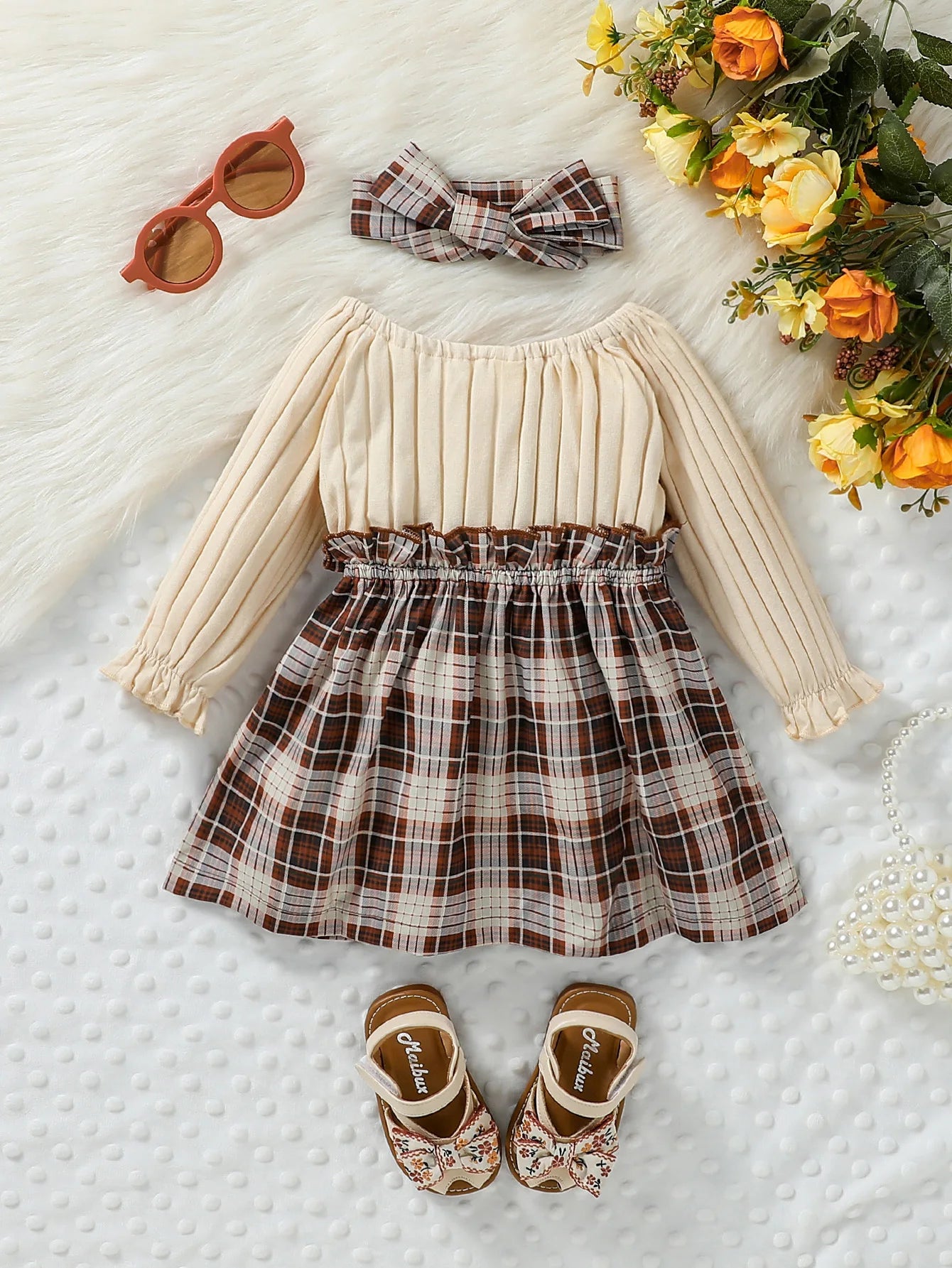 Baby Girls Long Sleeve With Bow Plaid Fahion