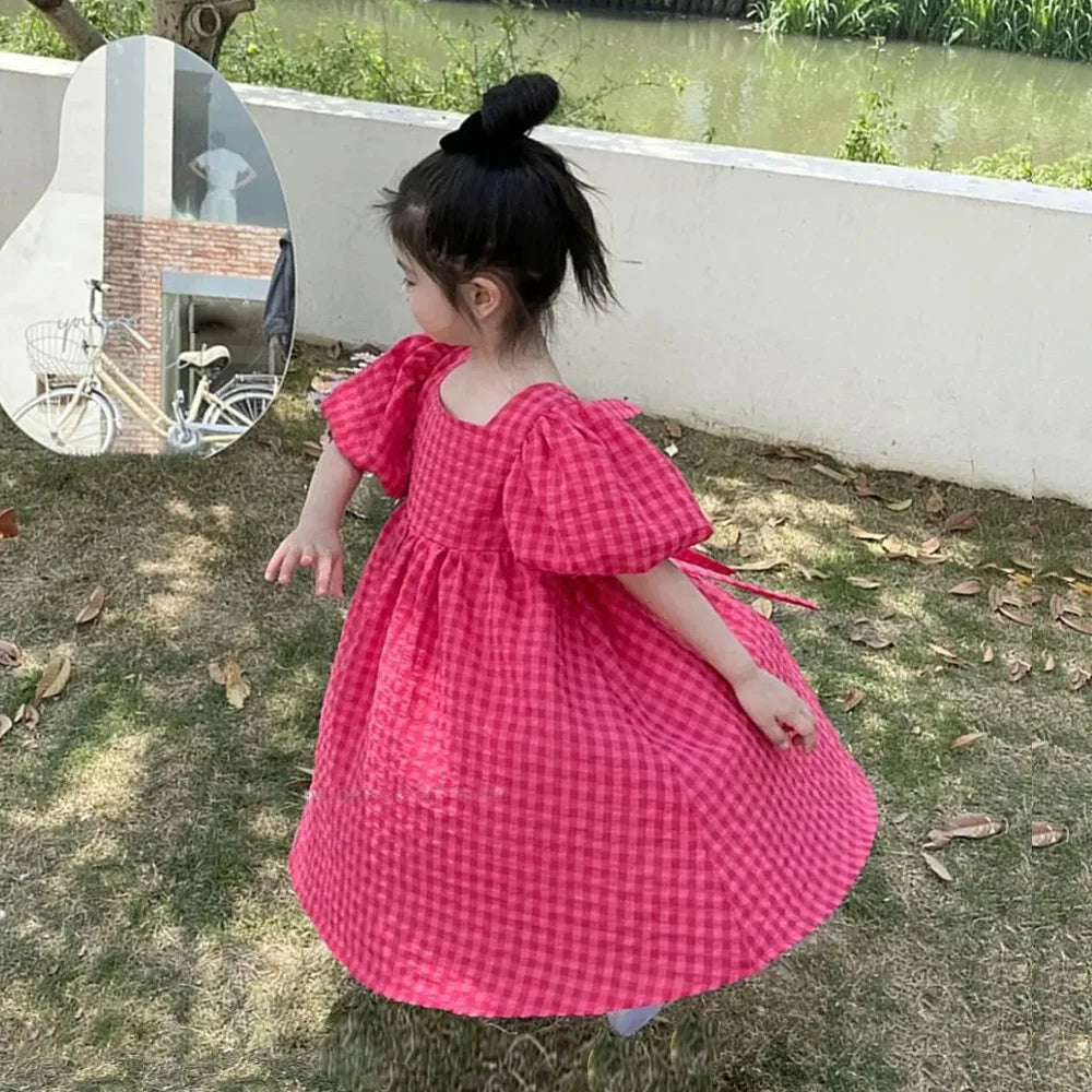 Pink Plaid Bow Dress Elegant