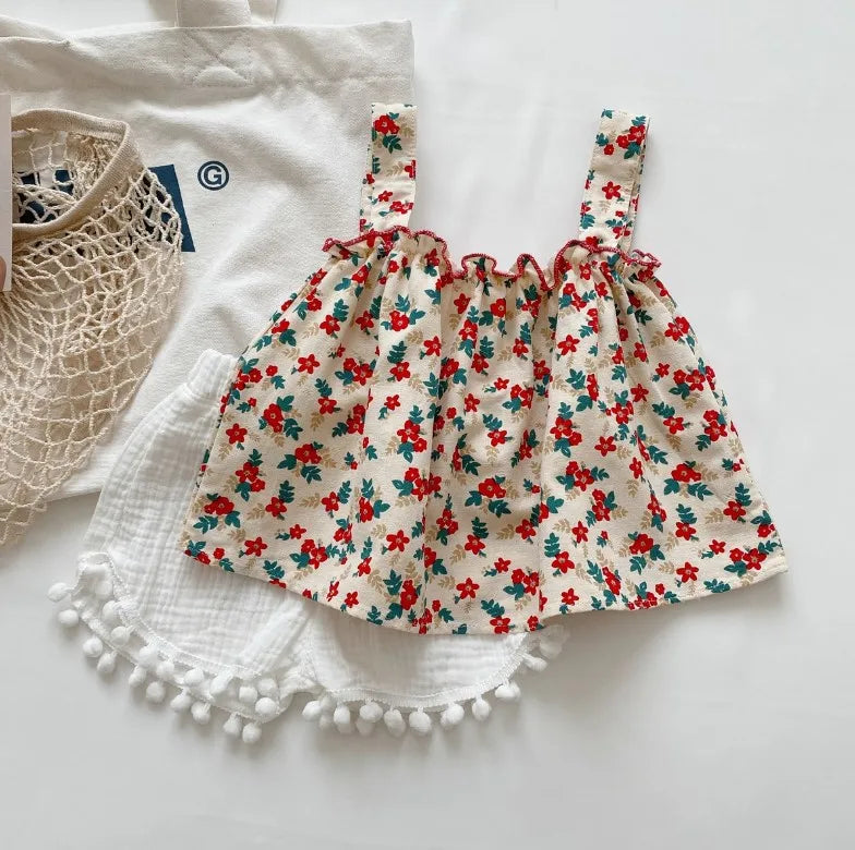 Kids Girls Cotton Floral Sling Top with Ruffles + Denim Shorts Set