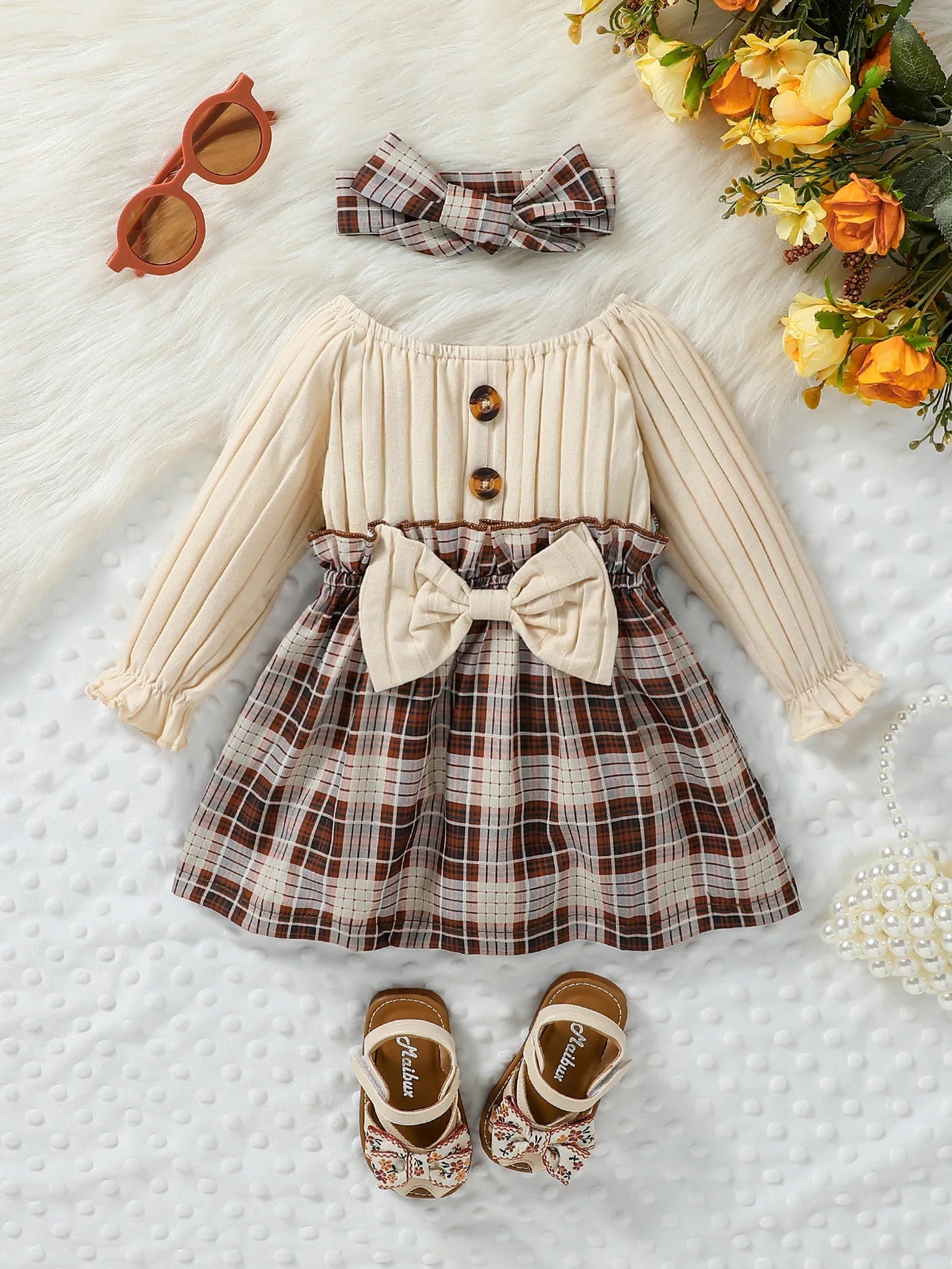 Baby Girls Long Sleeve With Bow Plaid Fahion