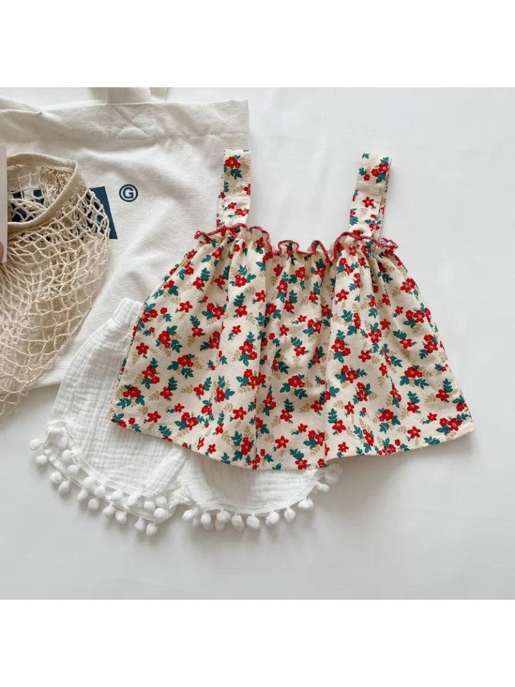 Kids Girls Cotton Floral Sling Top with Ruffles + Denim Shorts Set