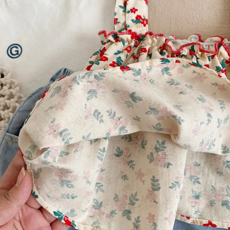 Kids Girls Cotton Floral Sling Top with Ruffles + Denim Shorts Set