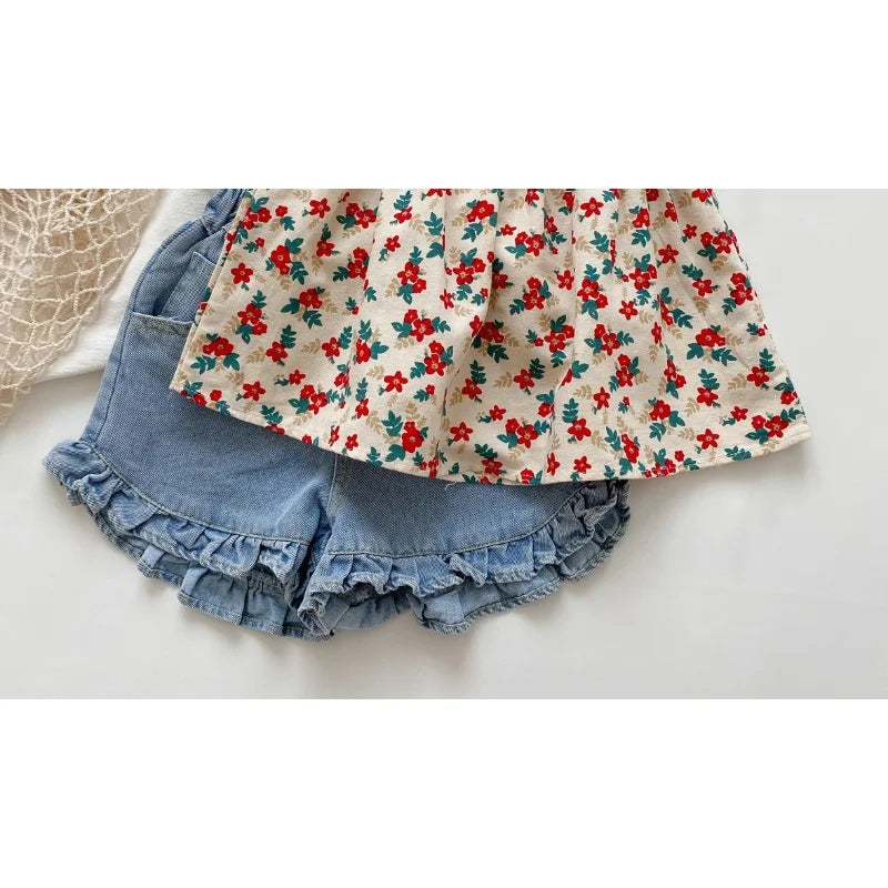 Kids Girls Cotton Floral Sling Top with Ruffles + Denim Shorts Set