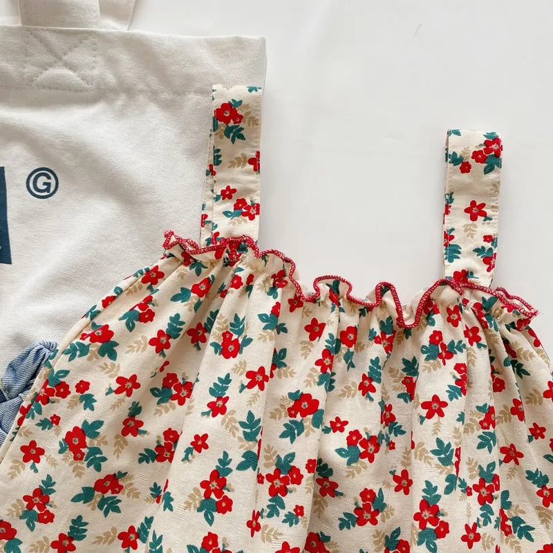 Kids Girls Cotton Floral Sling Top with Ruffles + Denim Shorts Set