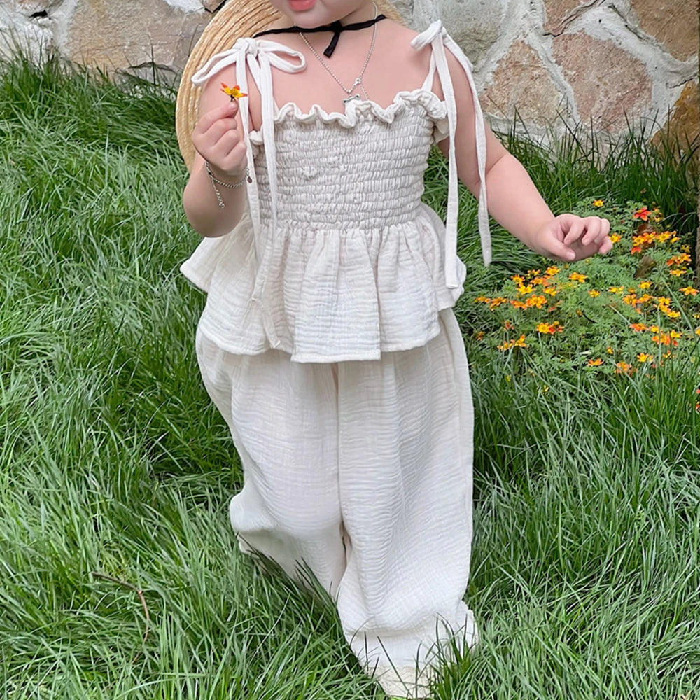 T-shirt + Pants 2pcs Suit Strap Cardigan Vest Girls Clothes Outfits