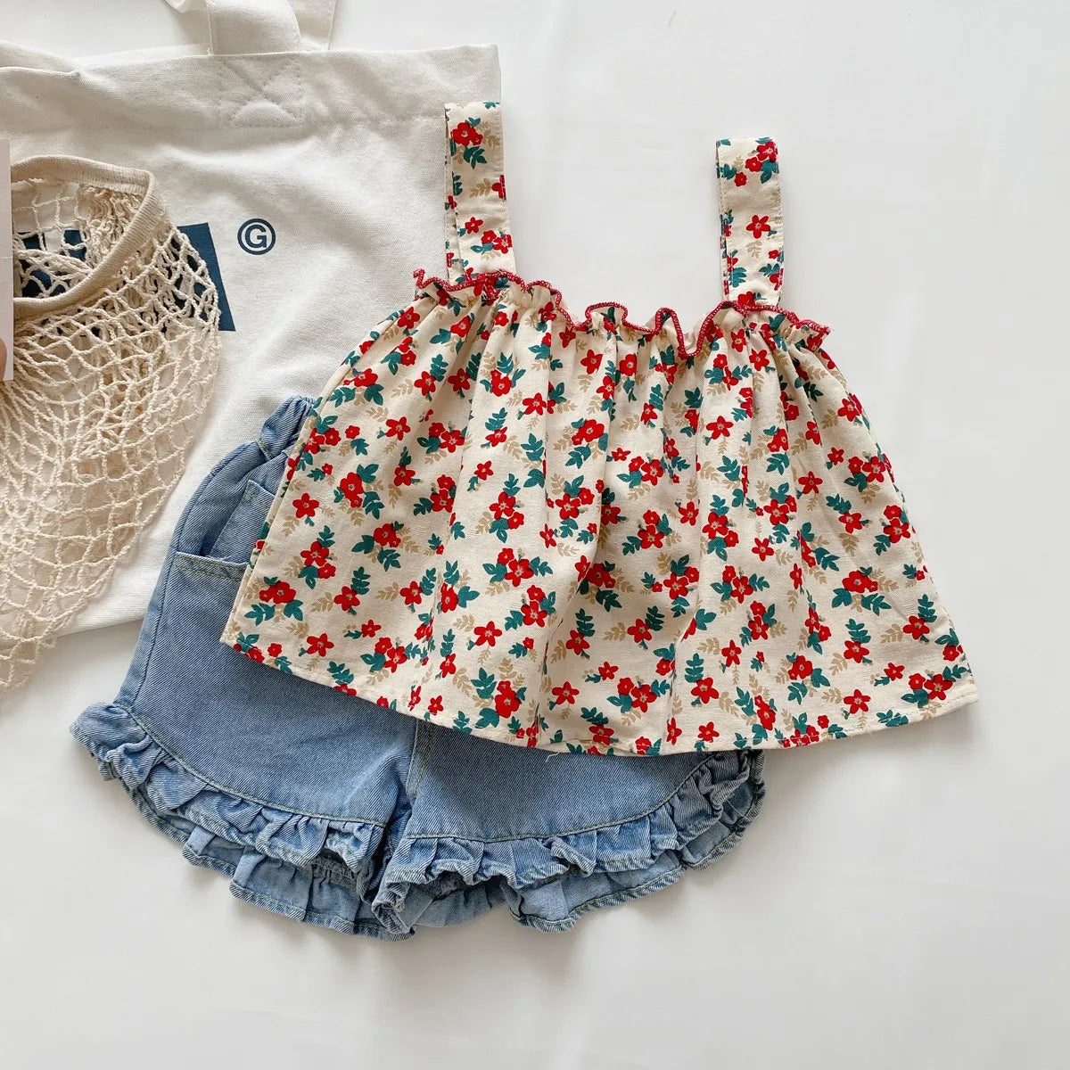 Kids Girls Cotton Floral Sling Top with Ruffles + Denim Shorts Set
