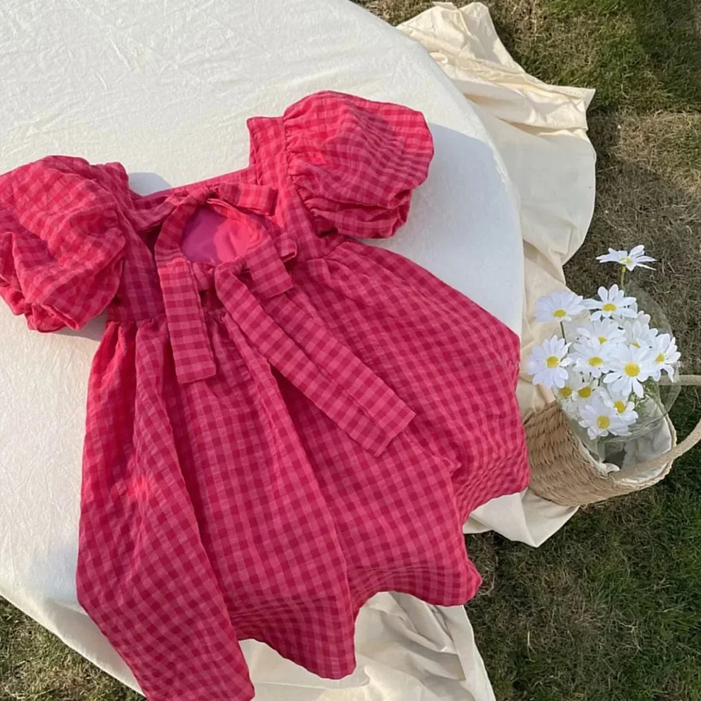 Pink Plaid Bow Dress Elegant