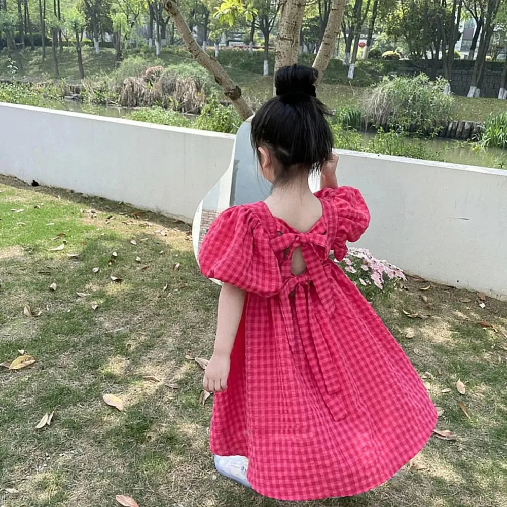 Pink Plaid Bow Dress Elegant