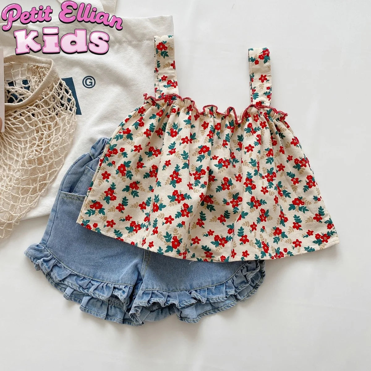 Kids Girls Cotton Floral Sling Top with Ruffles + Denim Shorts Set
