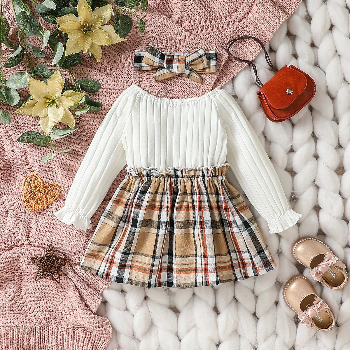 Baby Girls Long Sleeve With Bow Plaid Fahion