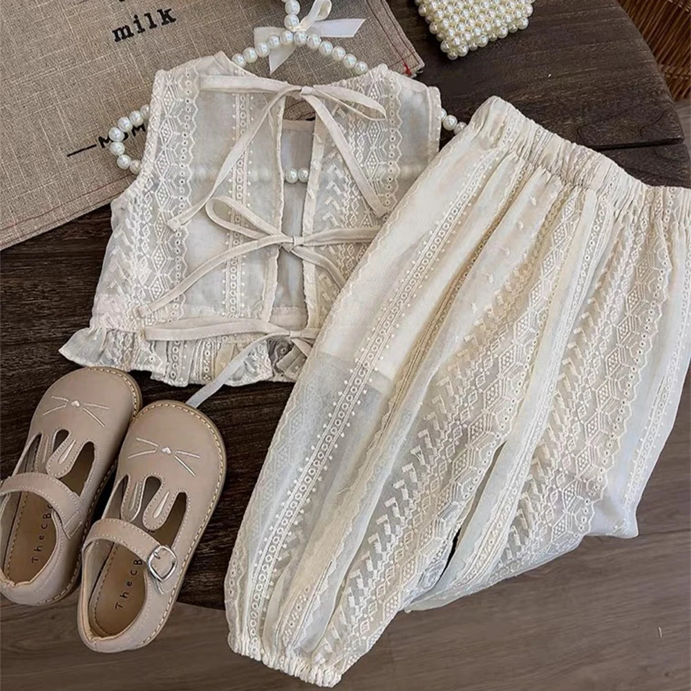T-shirt + Pants 2pcs Suit Strap Cardigan Vest Girls Clothes Outfits