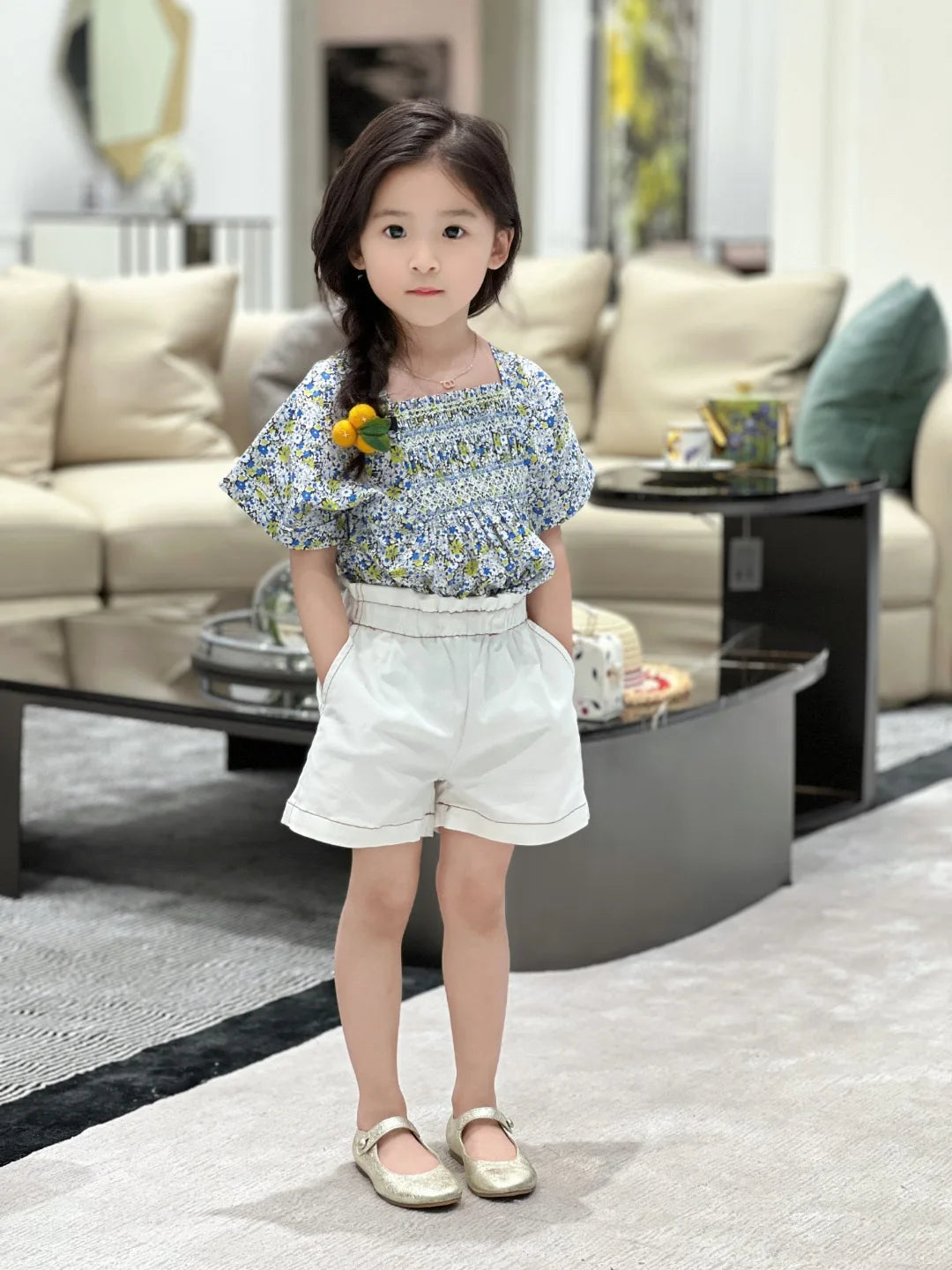 New Girls Blue White Floral Smocked