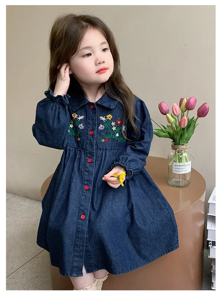 Embroidered Denim Dress Spring and Autumn 2025