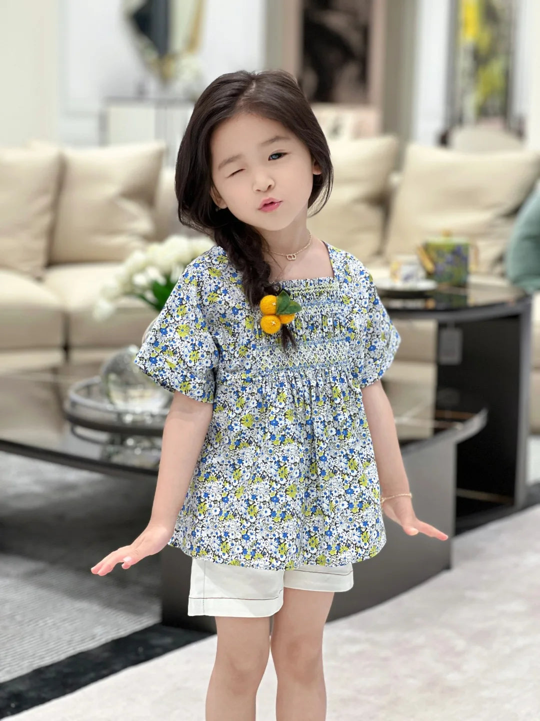 New Girls Blue White Floral Smocked