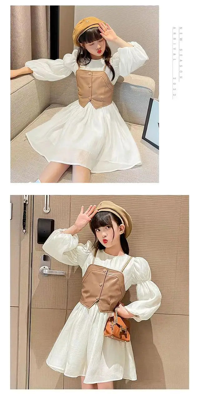 Spring Autumn Baby Suits Girl Vest + Long Sleeve Dresses