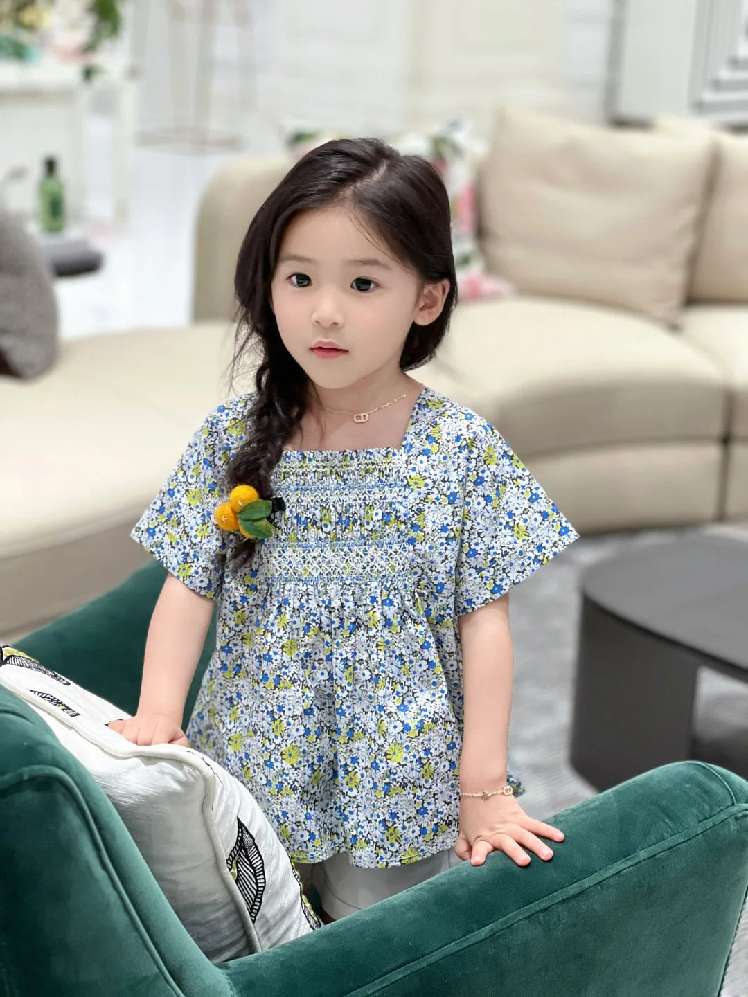 New Girls Blue White Floral Smocked