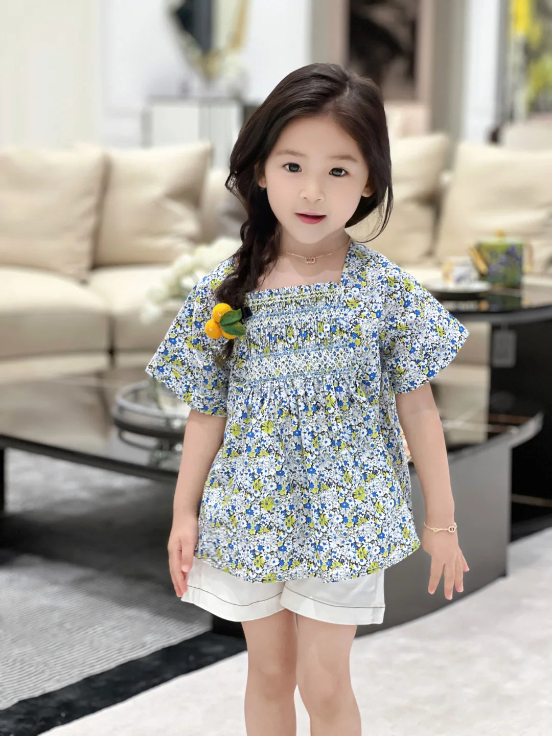 New Girls Blue White Floral Smocked