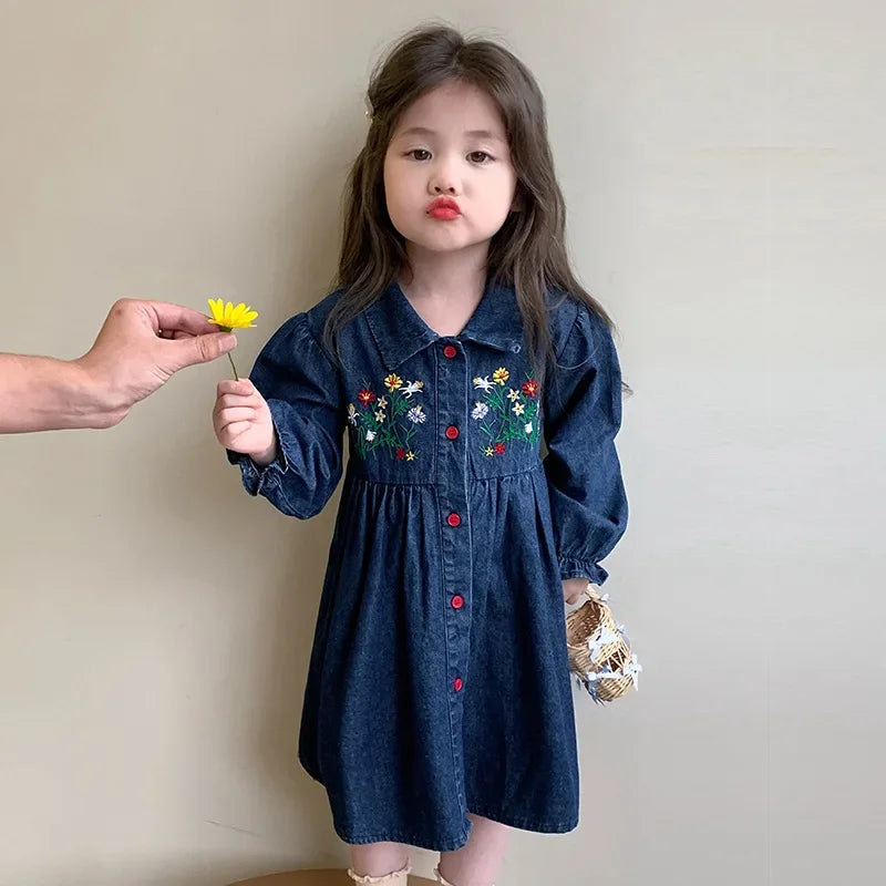 Embroidered Denim Dress Spring and Autumn 2025