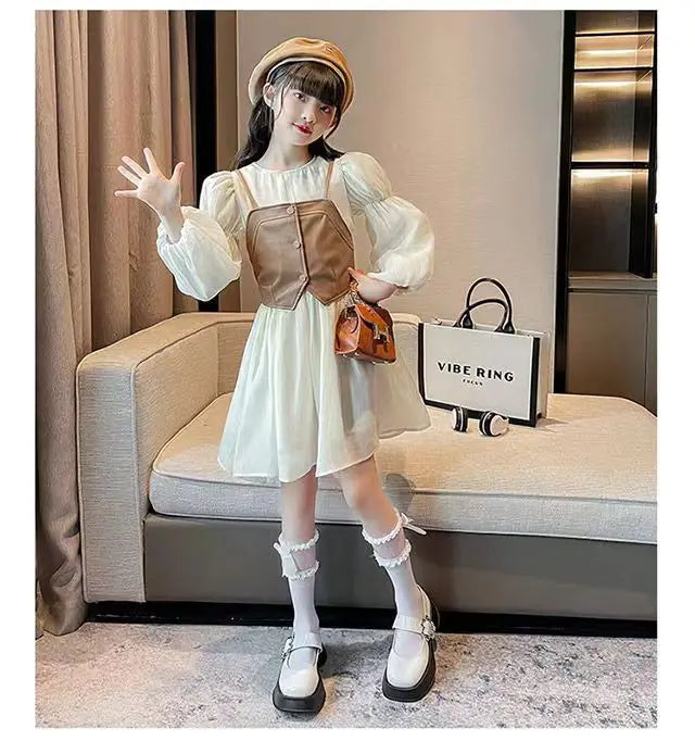 Spring Autumn Baby Suits Girl Vest + Long Sleeve Dresses