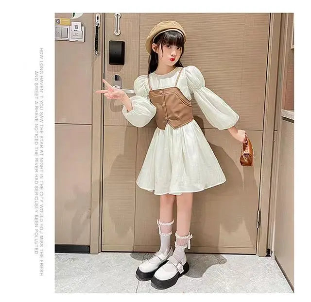 Spring Autumn Baby Suits Girl Vest + Long Sleeve Dresses