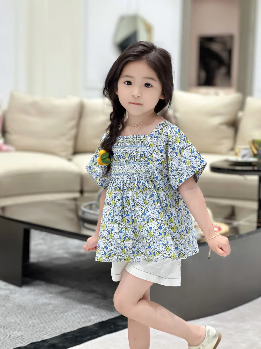 New Girls Blue White Floral Smocked