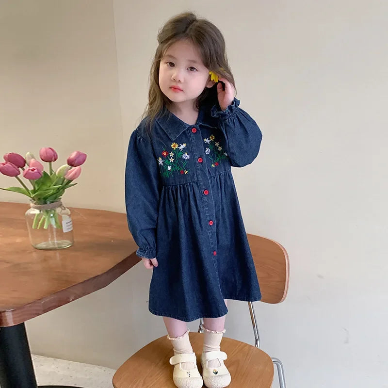 Embroidered Denim Dress Spring and Autumn 2025