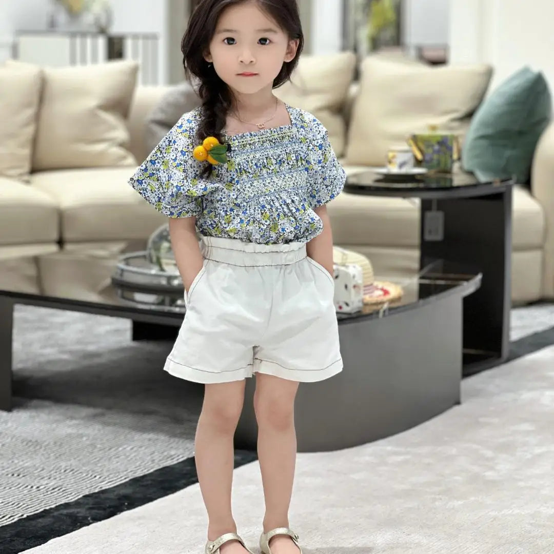 New Girls Blue White Floral Smocked