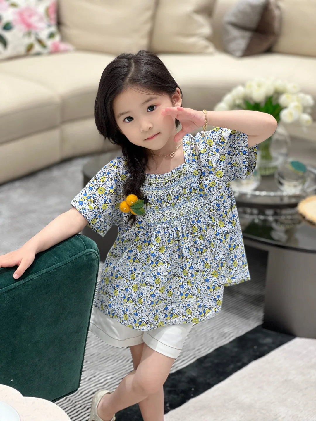 New Girls Blue White Floral Smocked