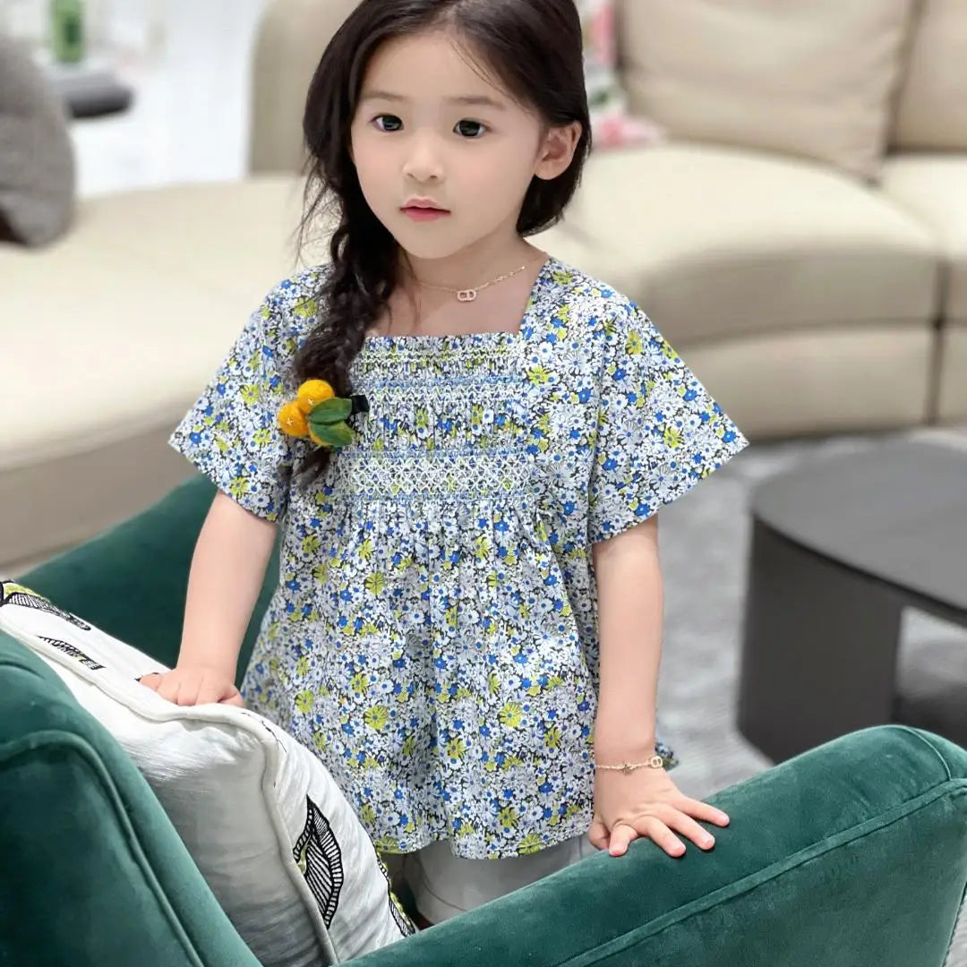 New Girls Blue White Floral Smocked