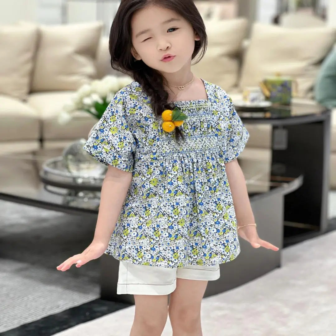 New Girls Blue White Floral Smocked