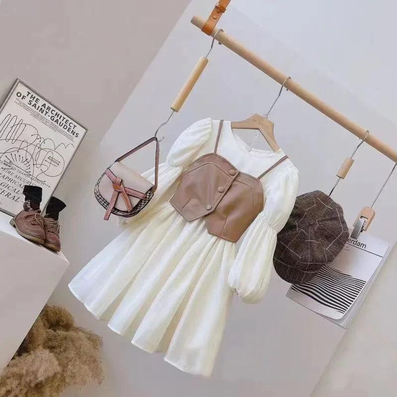 Spring Autumn Baby Suits Girl Vest + Long Sleeve Dresses