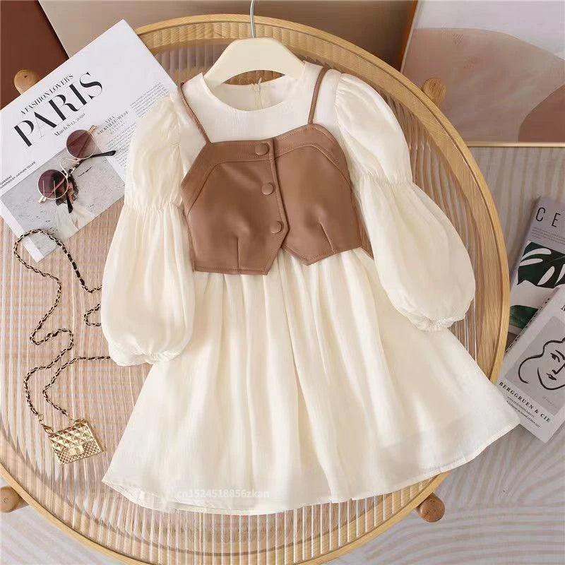 Spring Autumn Baby Suits Girl Vest + Long Sleeve Dresses