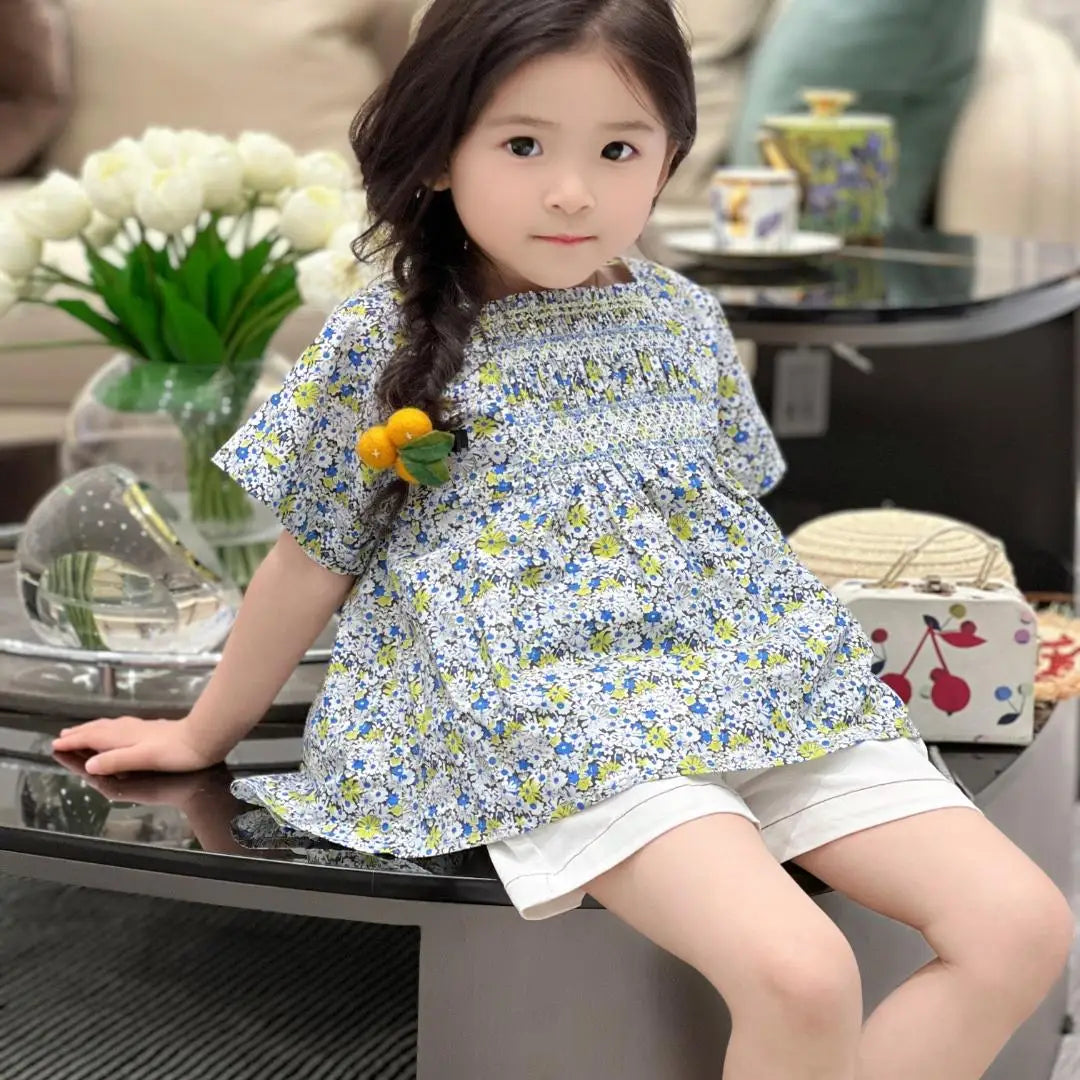New Girls Blue White Floral Smocked
