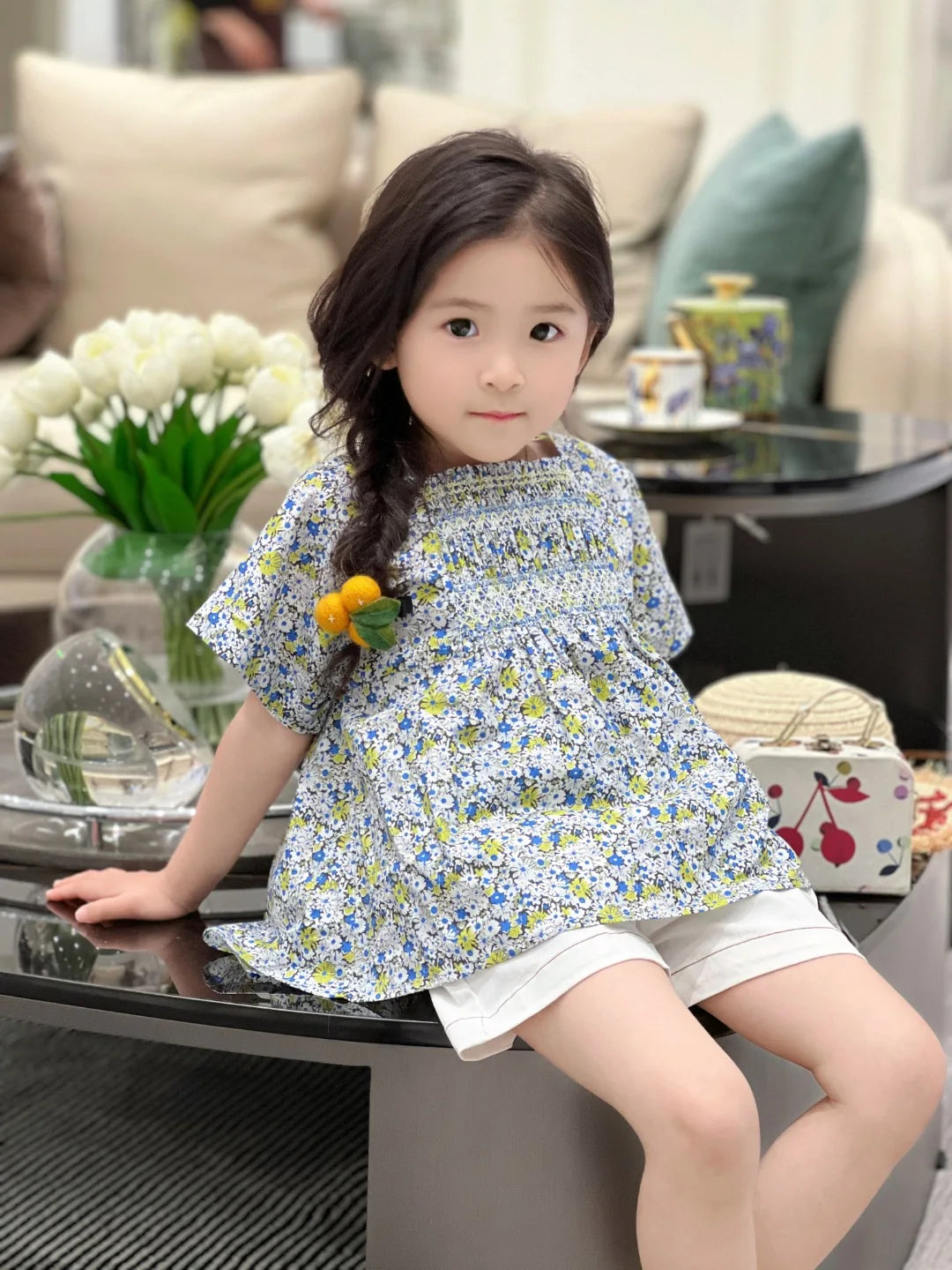 New Girls Blue White Floral Smocked
